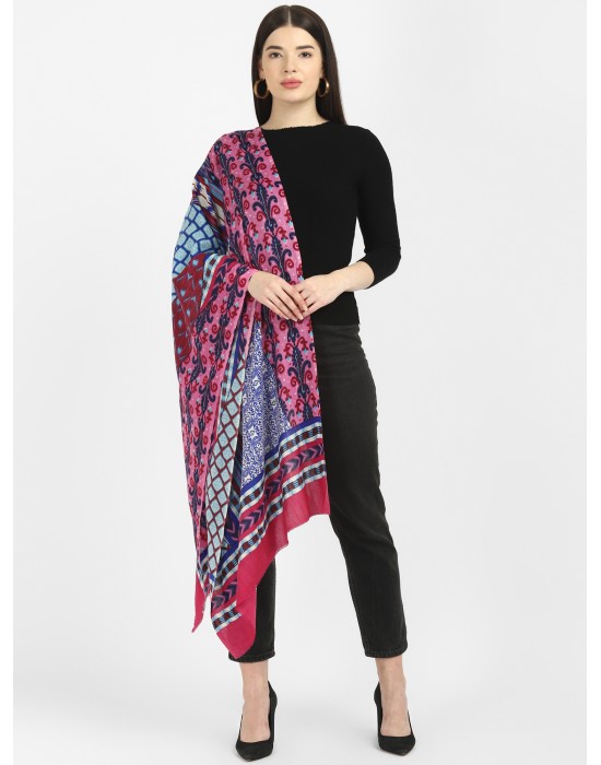 Women pure wool stole printed design skyblue